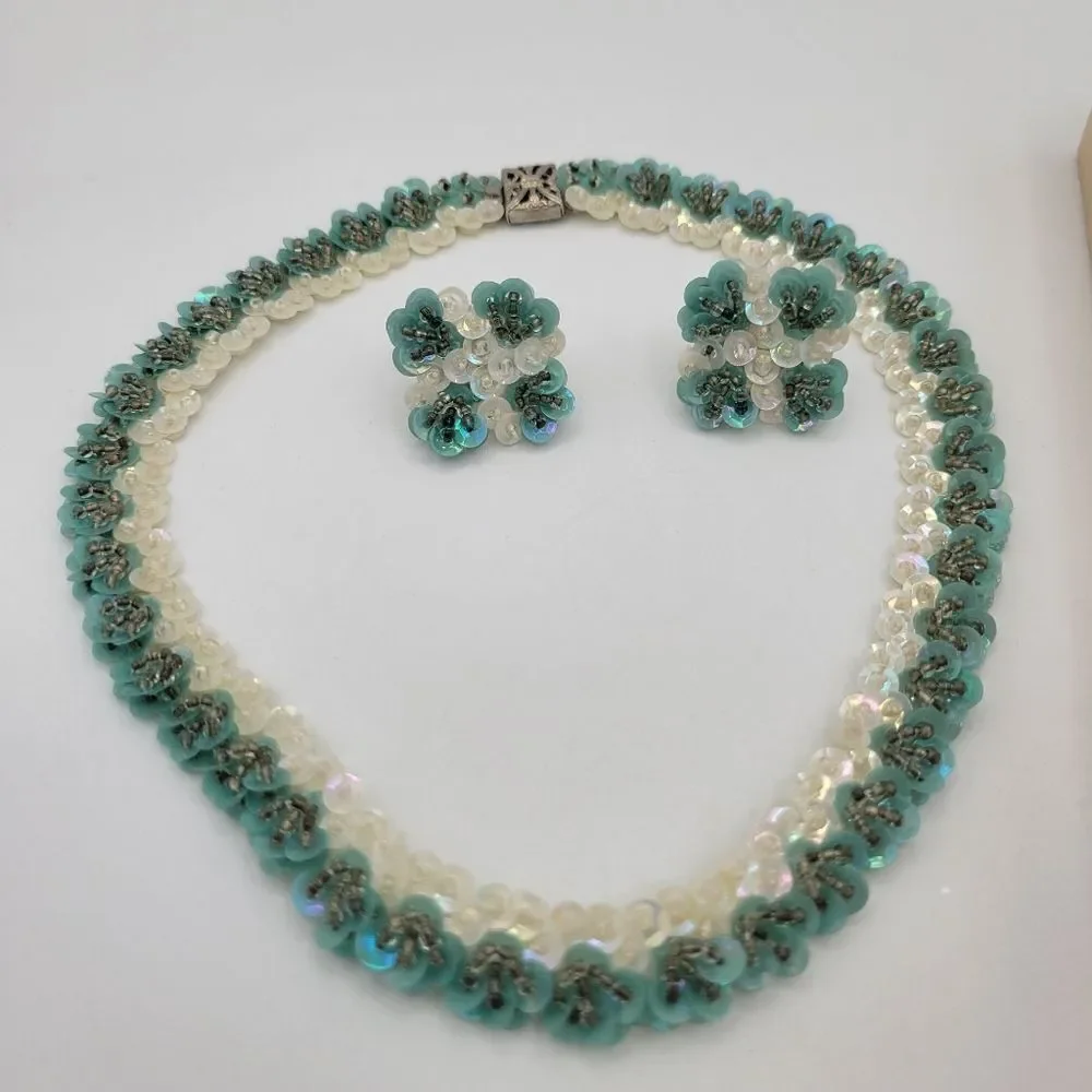Vintage 1950s Aqua Sequin Necklace & Earrings Set